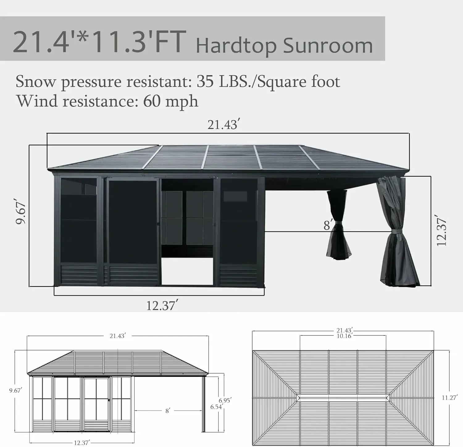 11'×21' Hardtop Sunroom & Gazebo - Front and Side Doors