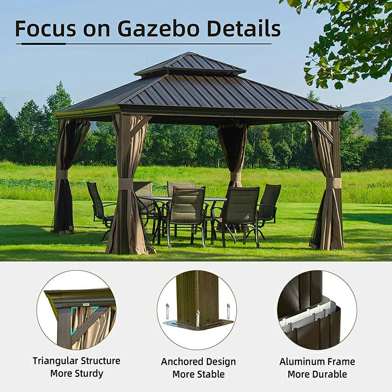 Domi Outdoor Living Double Canopy Hardtop Gazebo Brown Aluminum Yard ...